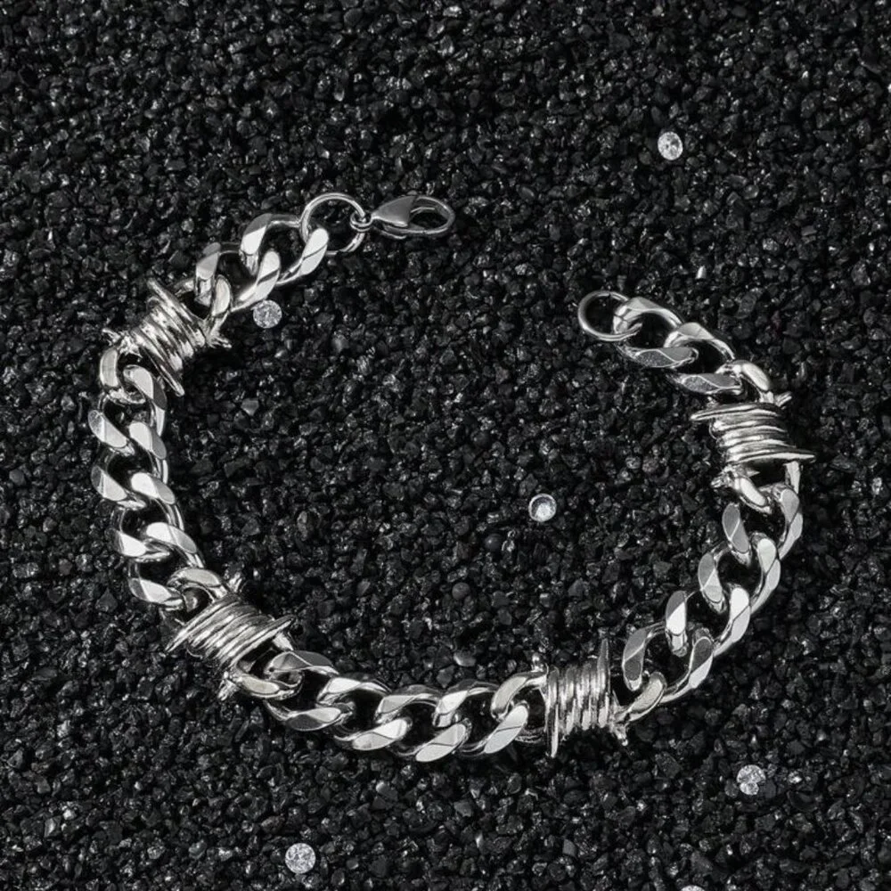 Men 11mm Wide Punk Stainless Steel Spike Interlocking Chain Bracelet - Picture 3 of 4